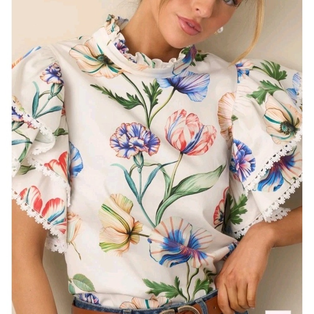 Prosperina Blair Ivory Floral Ruffle Sleeve Top Women's Size Medium Cotton
